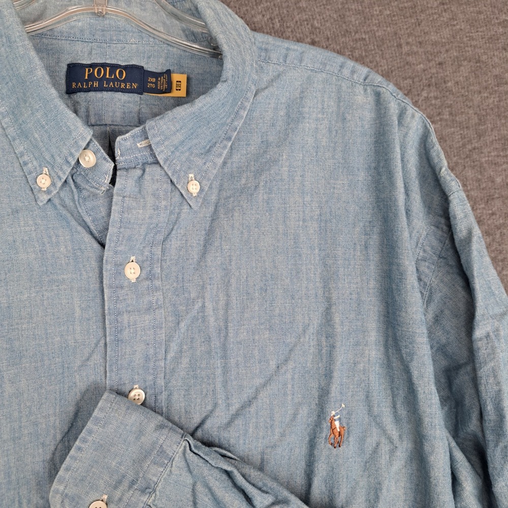 Polo Ralph Lauren Button Front Mens 2XB Blue Chambray Long Sleeve Pony Logo FLAW